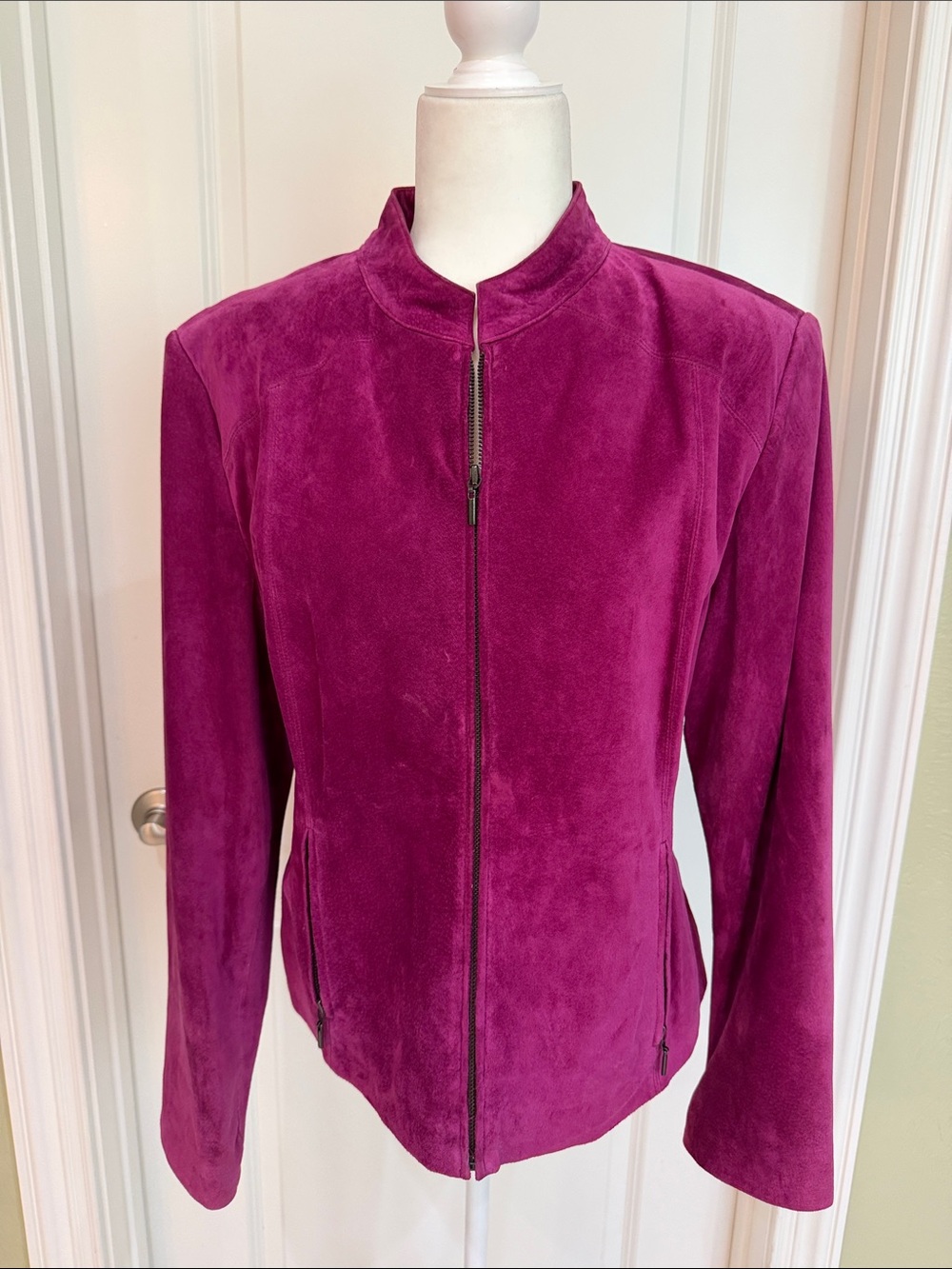 Women's Leather Suede Zip-Front Jacket - Fuscia Biker Magenta